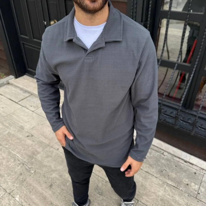 Erkek Fitilli Polar Sweatshirt – Düğmesiz Polo Yaka, Oversize Rahat Kalıp, Kalın Polar Kumaş, Kışlık ve Baharlık Şık Günlük Üst - Füme