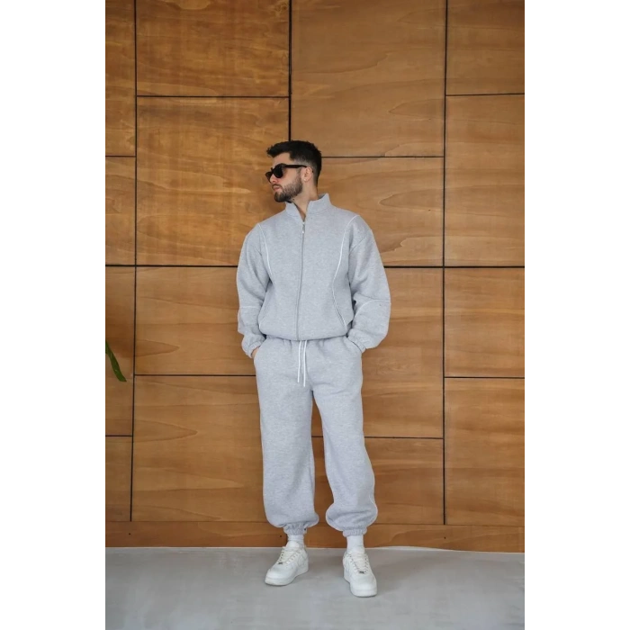 Erkek Premium Parçalı Eşofman Takım - Dik Yaka Fermuarlı Biyeli Sweatshirt Lastik Paça Alt, Oversize 3 iplik Şardonlu - Gri