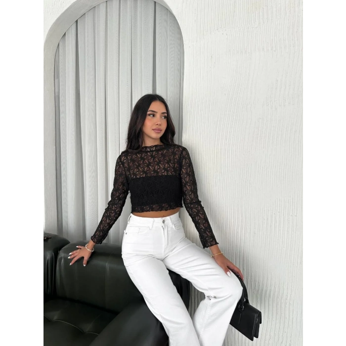 Kadın Dantel Uzun Kol Bluz- Siyah