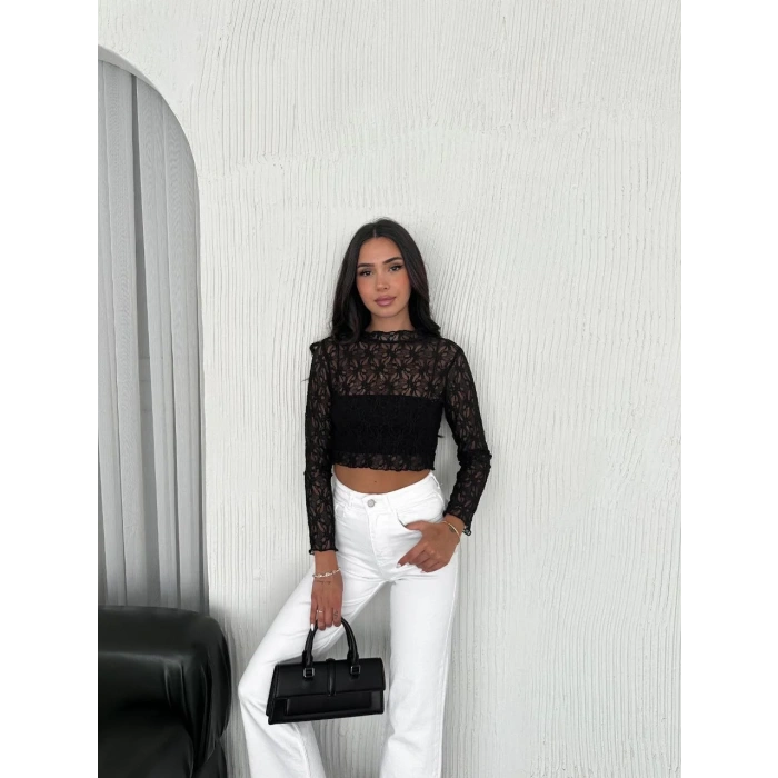 Kadın Dantel Uzun Kol Bluz- Siyah