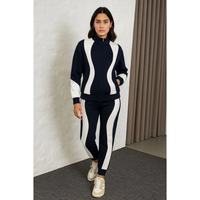 Kadın Premium Parçalı Eşofman Takım - Dik Yaka Fermuarlı Sweatshirt - Siyah