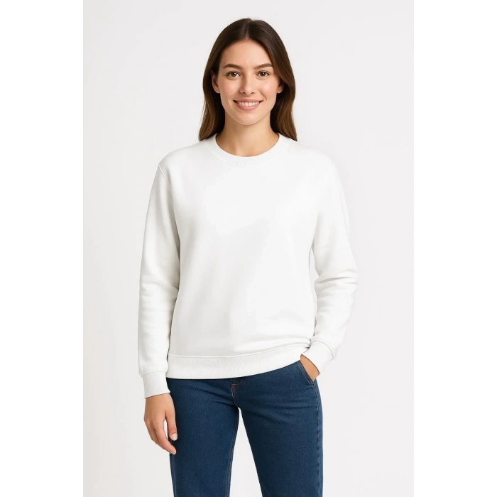 Kadın Üç İplik Düz Bisiklet Yaka SweatShirt - Beyaz