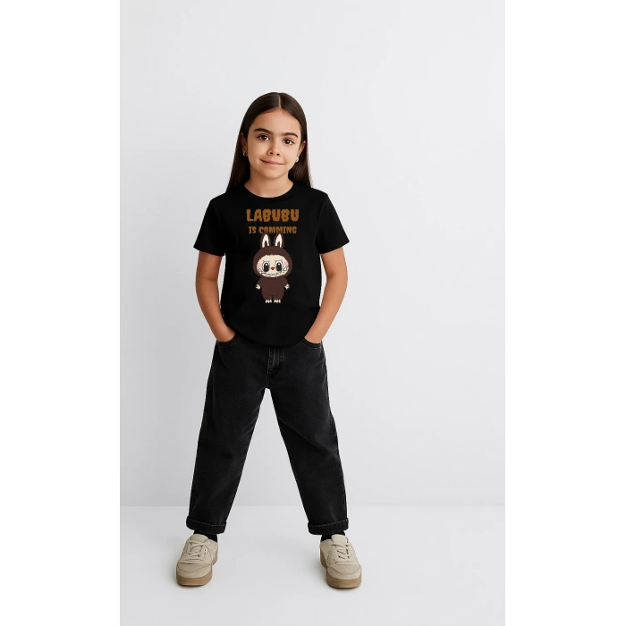 Kız Labubu Çocuk Baskılı T-Shirt - Siyah