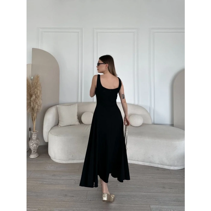 Sırt Dekolteli Kolsuz Uzun Elbise - Siyah