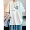 20/1 Penye Compack Uçak Baskılı Oversize Bisiklet Yaka Kısa Kol T-shirt - Beyaz