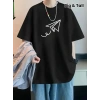 20/1 Penye Compack Uçak Baskılı Oversize Bisiklet Yaka Kısa Kol T-shirt - Siyah