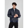 Erkek Fermuarlı İçten Elyaf ve Astarlı Suni Deri Ceket - Lacivert