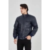 Erkek Fermuarlı İçten Elyaf ve Astarlı Suni Deri Ceket - Lacivert