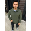 Erkek Fitilli Polar Sweatshirt – Düğmesiz Polo Yaka, Oversize Rahat Kalıp, Kalın Polar Kumaş, Kışlık ve Baharlık Şık Günlük Üst - Haki