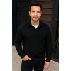 Erkek Fitilli Polar Sweatshirt – Düğmesiz Polo Yaka, Oversize Rahat Kalıp, Kalın Polar Kumaş, Kışlık ve Baharlık Şık Günlük Üst - Siyah