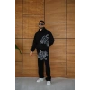 Erkek Kapüşonlu Eşofman Takım Graffiti Baskılı Oversize Rahat Kalıp, Kanguru Cepli, Streetwear Tarzında Premium Ürün 3 iplik Pamuklu - Siyah