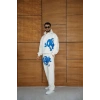 Erkek Kapüşonlu Eşofman Takım Graffiti Baskılı  Oversize Rahat Kalıp, Kanguru Cepli, Streetwear Tarzında Premium Ürün 3 iplik Pamuklu - Beyaz