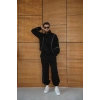 Erkek Premium Parçalı Eşofman Takım - Dik Yaka Fermuarlı Biyeli Sweatshirt Lastik Paça Alt, Oversize 3 iplik Şardonlu - Siyah