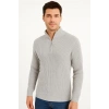 Erkek Yarım Fermuarlı Triko Kazak – Selanik Örgü, Dik Yaka, Pamuklu Dokuma, Regular Fit Uzun Kollu Kışlık Model - Gri