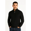 Erkek Yarım Fermuarlı Triko Kazak – Selanik Örgü, Dik Yaka, Pamuklu Dokuma, Regular Fit Uzun Kollu Kışlık Model - Siyah