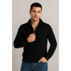 Erkek Yarım Fermuarlı Triko Kazak – Selanik Örgü, Dik Yaka, Pamuklu Dokuma, Regular Fit Uzun Kollu Kışlık Model - Siyah