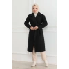 Kadın Kaşe Kaban – Uzun Boy Kruvaze Yaka, Kuşaklı Tesettür Kışlık Kaban, Astarlı Şık Yünlü Dokuma Oversize Rahat Kalıp, Cepli Modern Kaşe Mont Modeli - Siyah