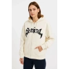 Kadın Kapüşonlu 3 İplik Şardonlu Önü Baskılı Fermuarlı Oversize Sweatshirt - Beyaz