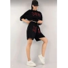 Kadın Unisex Nakış İşlemeli Şort Takım - Siyah