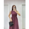Kolsuz Göğüs Lastıklı %100 Poplin Uzun Elbise - Bordo