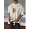 Ön ve Arka Baskılı Oversize Bisiklet Yaka T-shirt - Beyaz