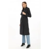 Premium Kadın Kaşe Kaban Uzun Boy, Balık Sırtı Yünlü Kaşmir Dokuma, Kruvaze Kuşaklı Astarlı - Siyah