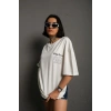 Unisex Bisiklet Yaka Baskılı Oversize T-Shirt - Beyaz