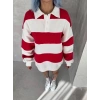 Unisex Üç İplik Parçalı Yakalı SweatShirt - Kırmızı