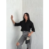 Z Krep Kadın Crop Yakalı Gömlek İlik Düğmeli Üç Çeyrek Sleeve Kol - Siyah