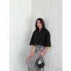 Z Krep Kadın Crop Yakalı Gömlek İlik Düğmeli Üç Çeyrek Sleeve Kol - Siyah
