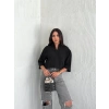 Z Krep Kadın Crop Yakalı Gömlek İlik Düğmeli Üç Çeyrek Sleeve Kol - Siyah