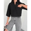 Z Krep Kadın Crop Yakalı Gömlek İlik Düğmeli Üç Çeyrek Sleeve Kol - Siyah