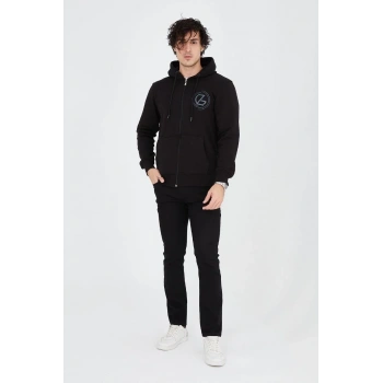 Erkek Kapüşonlu Z Baskılı Fermuarlı Hırka - Siyah