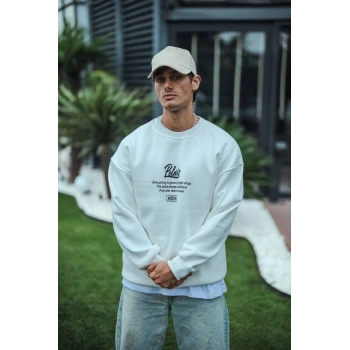 Kışlık Bisiklet Yaka Ön Ve Arka Baskılı SweatShirt - Beyaz