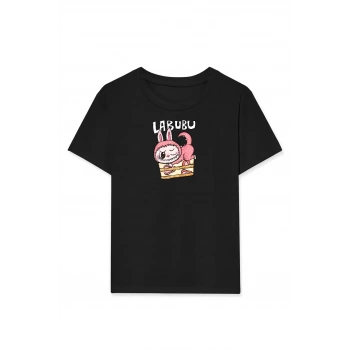 Kız Labubu Çocuk Baskılı T-Shirt - Siyah