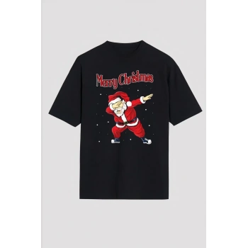Merry Christmas Baskılı Noel Babalı T-shirt - Siyah