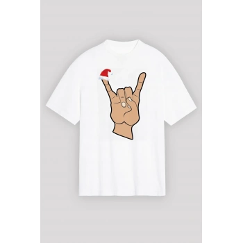 Noel Başlıklı Serçe Parmak T-shirt - Beyaz