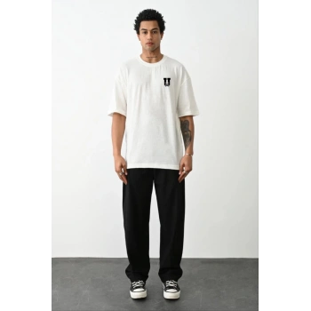 Unisex Bisiklet Yaka Baskılı Oversize T-Shirt - Beyaz