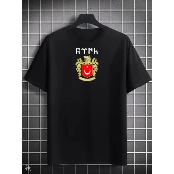 Unisex Bisiklet Yaka Baskılı Oversize T-Shirt - Siyah