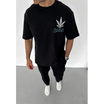 Unisex Bisiklet Yaka Baskılı Oversize T-Shirt - Siyah