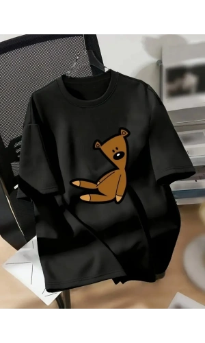 20/1 Penye Compack Ayı Baskılı Oversize Bisiklet Yaka Kısa Kol T-shirt - Siyah