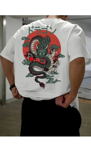 20/1 Penye Compack Ön Arka Ejder Baskılı Oversize Bisiklet Yaka T-shirt - Beyaz