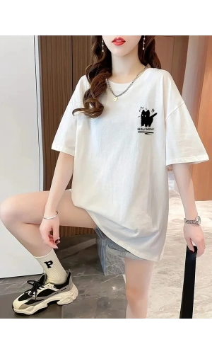 20/1 Penye Compack Tatlı Kedi Baskılı Oversize Bisiklet Yaka T-shirt - Beyaz