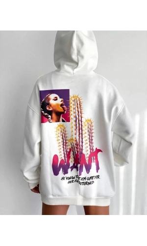Baskılı Üç İplik Kapüşonlu Oversize Sweatshirt - Beyaz