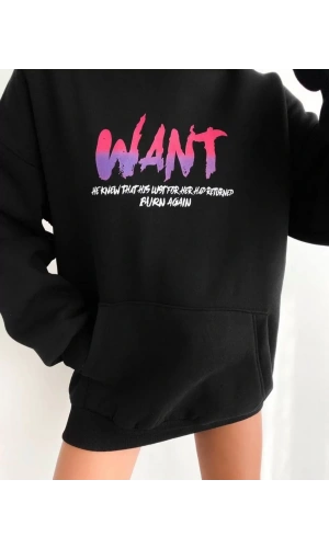 Baskılı Üç İplik Kapüşonlu Oversize Sweatshirt - Siyah