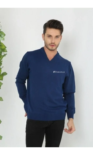 Baskılı V Yaka Uzun Kol Dokuma Triko - Indigo