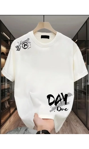 Day One Baskılı Oversize Bisiklet Yaka T-shirt - Beyaz