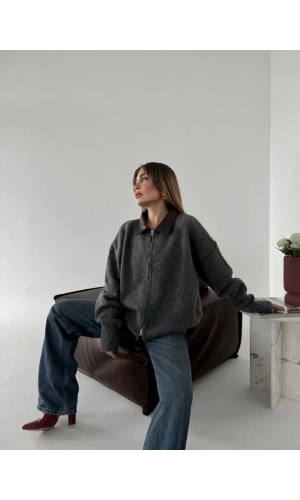 Deri Yakalı Pamuk dokulu Çift Taraflı Çalışan Fermuar Ceket - Füme