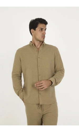 Düğmeli Tam Kalıp Uzun Kol Jakar Gömlek - Kahverengi