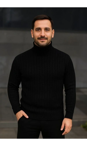 Erkek Balıkcı Yaka Bağazlı Triko Kazak Pamuklu Kalın Fitilli Dokuma, Regular Fit Uzun Kollu Kışlık Model - Siyah